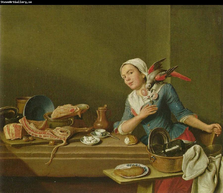 Peter Jakob Horemans Kuchenstillleben mit weiblicher Figur und Papagei
